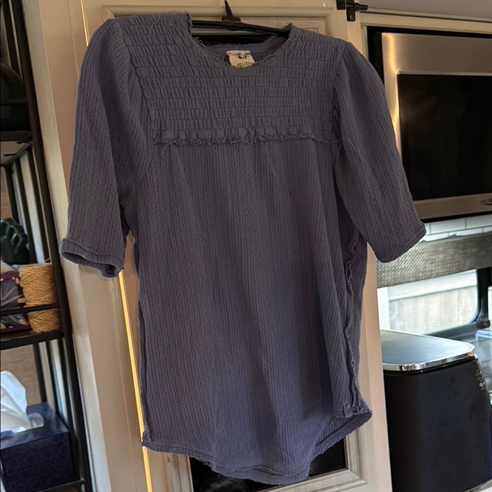 We The Free Blue Smocked Puff Sleeve Blouse